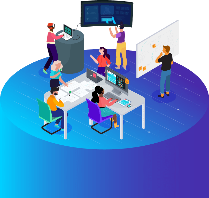 The image depicts a collaborative and modern workspace with six individuals involved in diverse activities: At a Podium: One person is using a virtual reality headset and a computer screen. Touchscreen Interaction: Another individual is working on a large wall-mounted screen displaying diagrams and data. Whiteboard Brainstorming: One person is actively writing or drawing on a whiteboard filled with diagrams and sticky notes. Team Collaboration: Two individuals are seated at a table, working on laptops and engaging in discussion. Presenting Ideas: One person is standing and gesturing towards the group, seemingly explaining or presenting something.