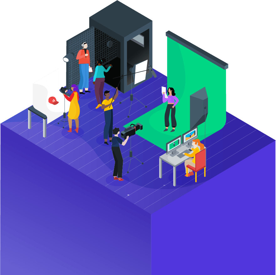 The image showcases a photography and video production studio in action, highlighting teamwork and professional equipment. Various individuals are engaged in tasks such as: Lighting Adjustment: Setting up optimal lighting near a backdrop. Camera Operations: A professional recording near a green screen. Footage Monitoring: Editing and analyzing video content on monitors. Green Screen Scene Setup: Preparing materials for filming. Equipment Management: Managing props within a specialized booth.