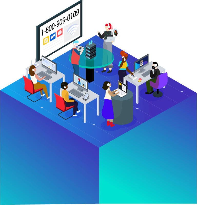 he image shows a modern office where six people are working at their desks with computers. One individual is standing near a server rack, likely managing it. There is also a large screen displaying "1-800-909-0109" along with icons for chat, email, and Wi-Fi.